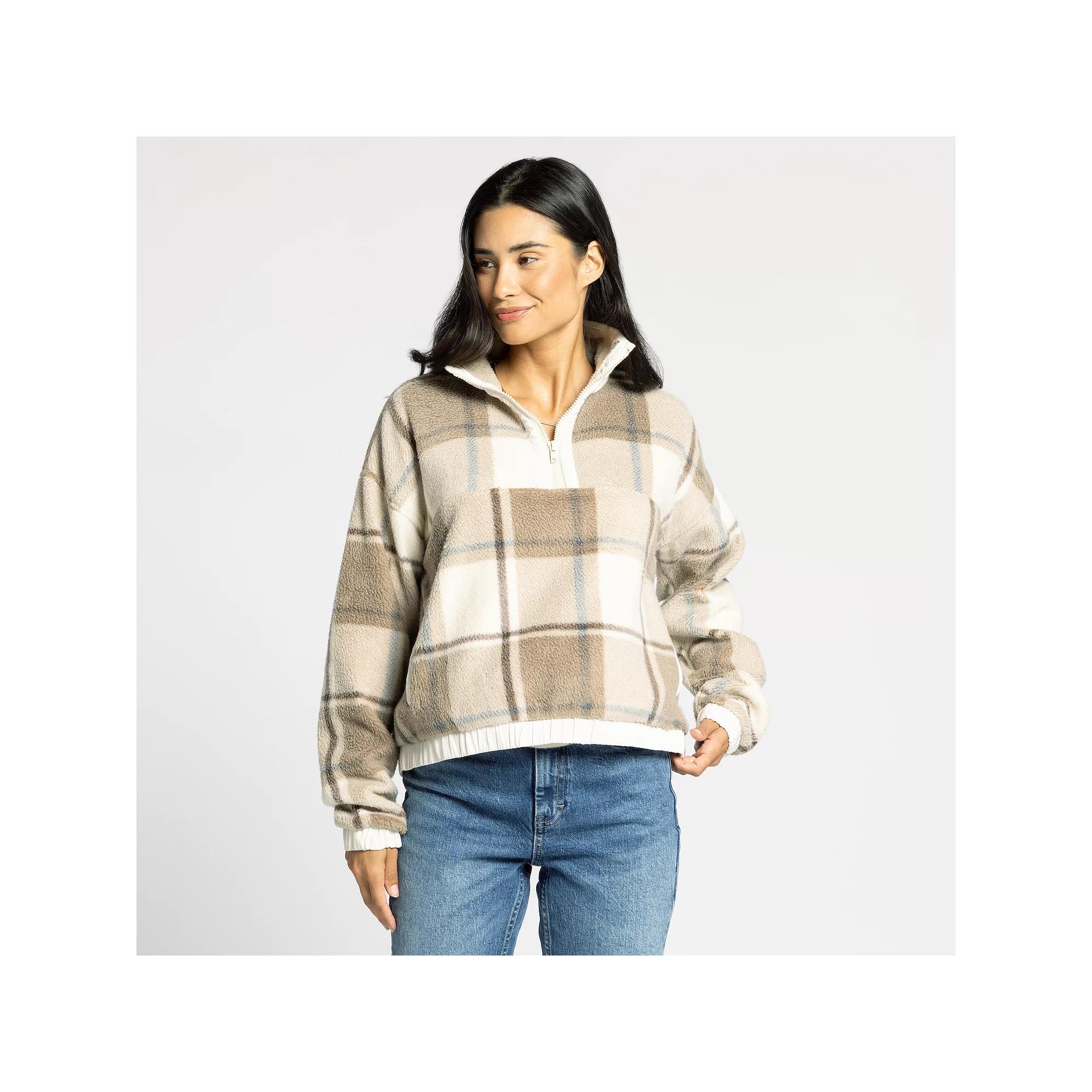 Women's Thread & Supply Quarter Zip Polar Fleece Pullover, Size: XS, Brown Black Plaid Product Image
