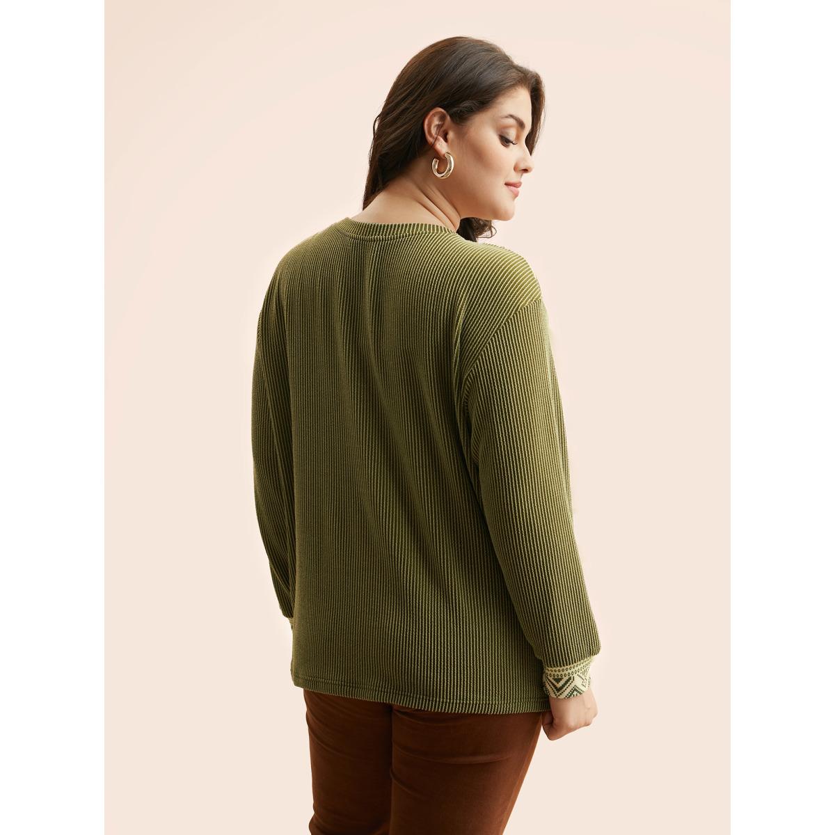 Plus Size Bandana Patchwork Button Up T-shirt ArmyGreen Women Casual Texture Round Neck Everyday T-shirts BloomChic 26/4X Product Image