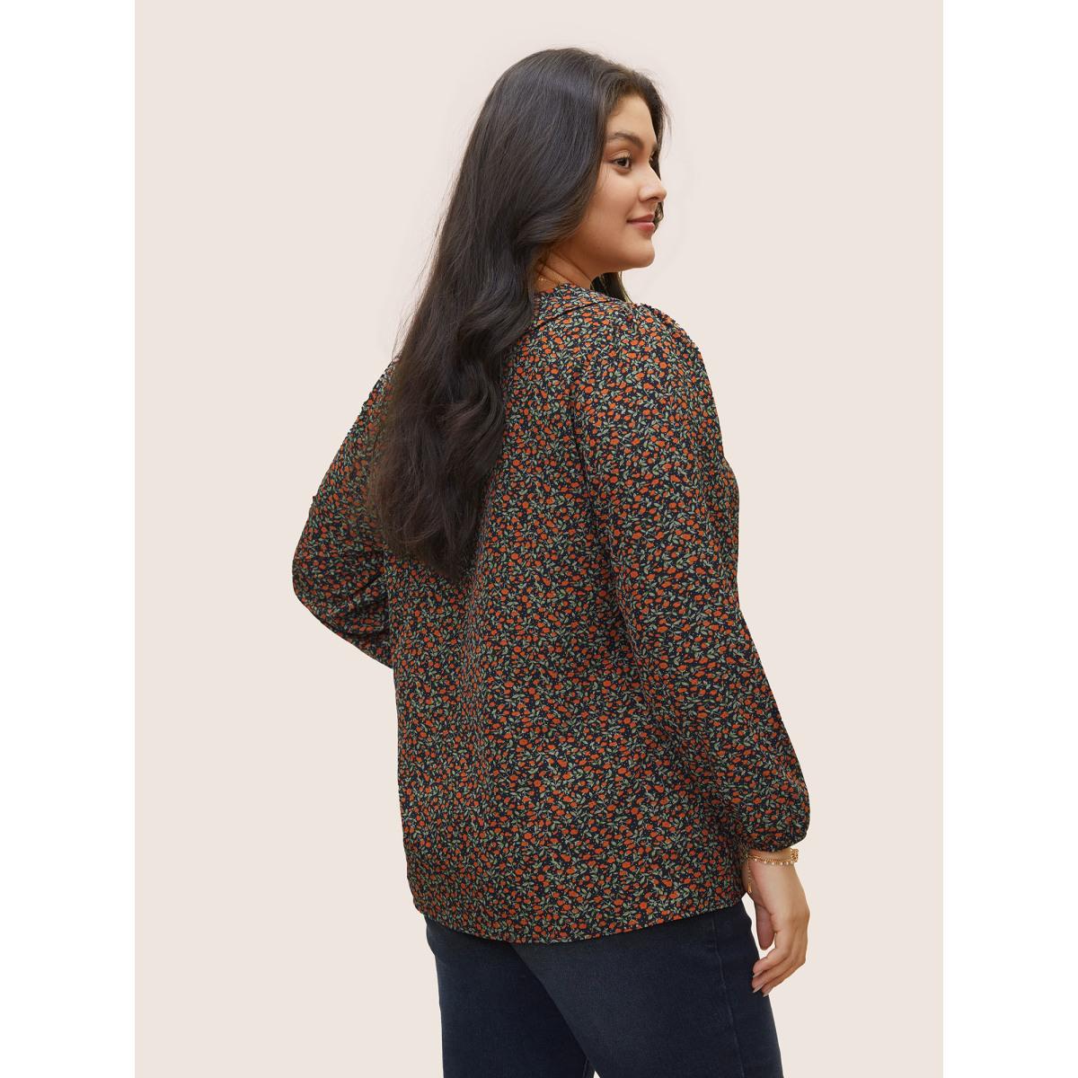 Plus Size Indigo Ditsy Floral Ties Elastic Cuffs Blouse Women Elegant Long Sleeve V-neck Everyday Blouses BloomChic 12/L Product Image