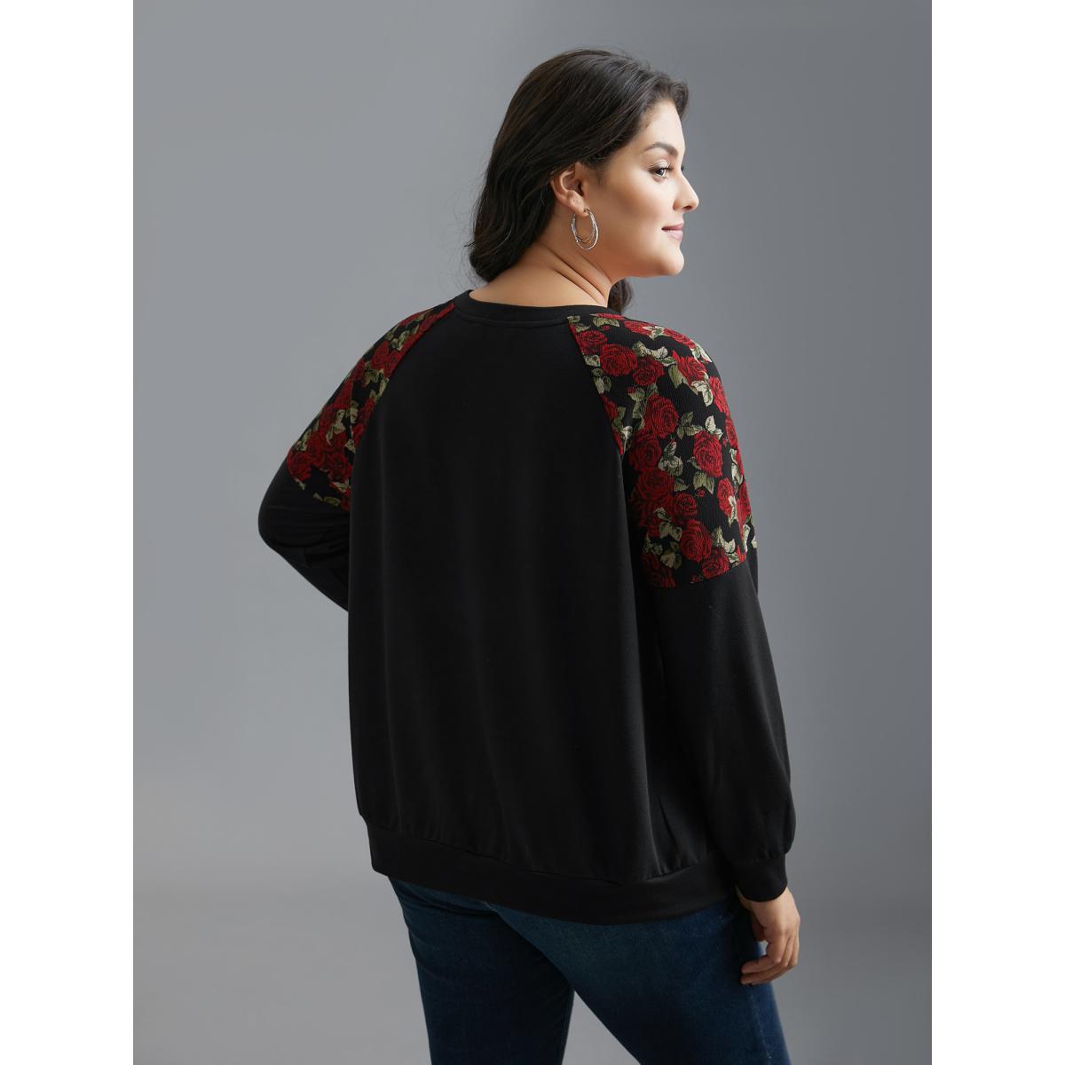 Plus Size Floral Raglan Sleeve Stretchy Fitted Sweatshirt Women Black Casual Contrast Round Neck Everyday Sweatshirts BloomChic 14-16/1X Product Image