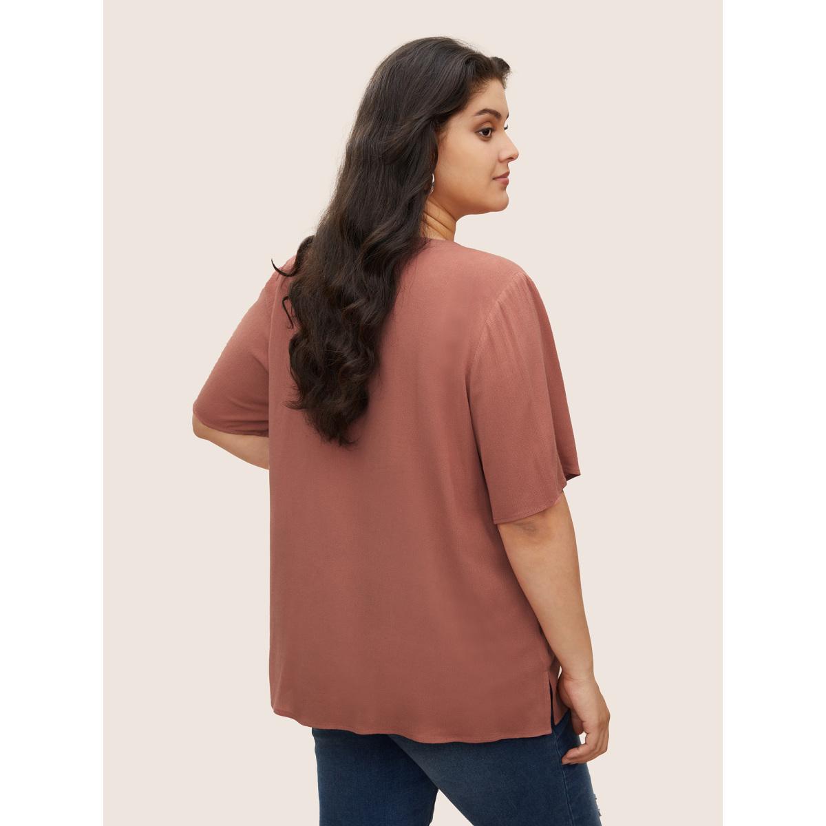 Plus Size Rouge Rayon Plain Lace Up Blouse Women Casual Short sleeve Round Neck Everyday Blouses BloomChic 10/M Product Image