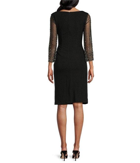 Alex Evenings Cowl Neck 3/4 Beaded Illusion Sleeve Metallic Knit Sheath Dress Product Image