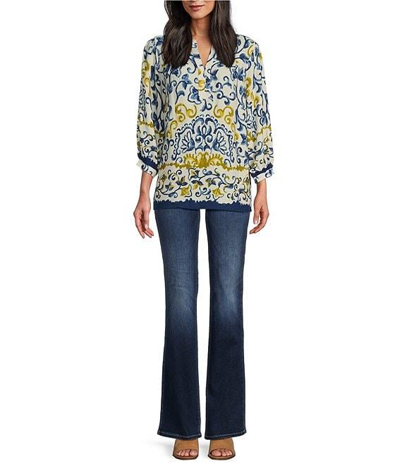 Figueroa & Flower Woven Border Print Banded Split V-Neck Long Sleeve Shirt Product Image