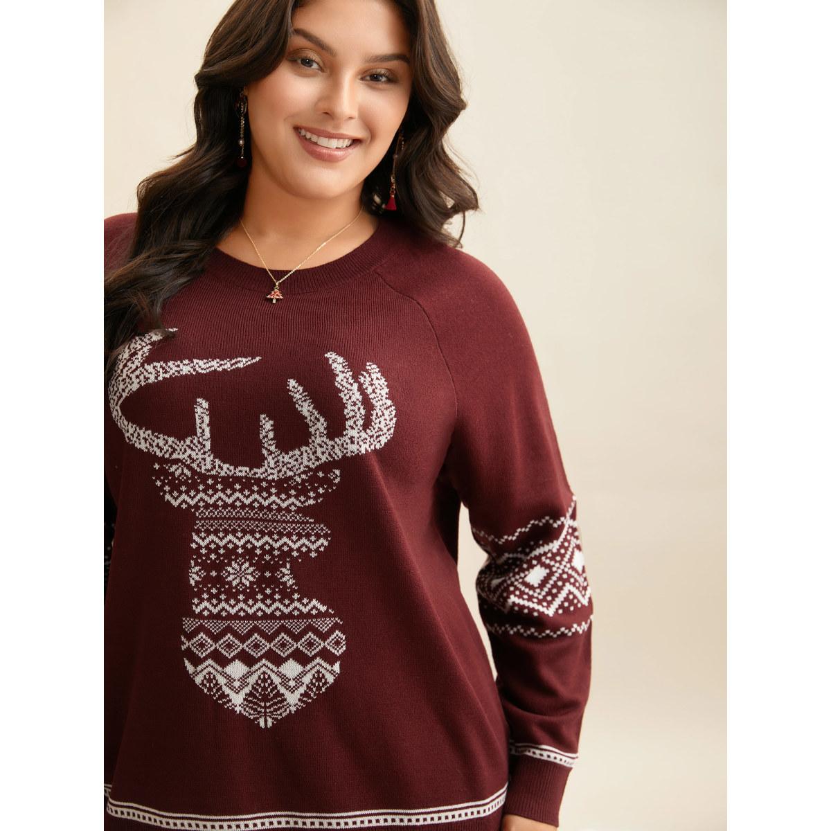 Plus Size Geo Reindeer Printed Sleeves Straight Fit Pullover Scarlet Women Casual Loose Long Sleeve Round Neck Everyday Pullovers BloomChic 12/L Product Image