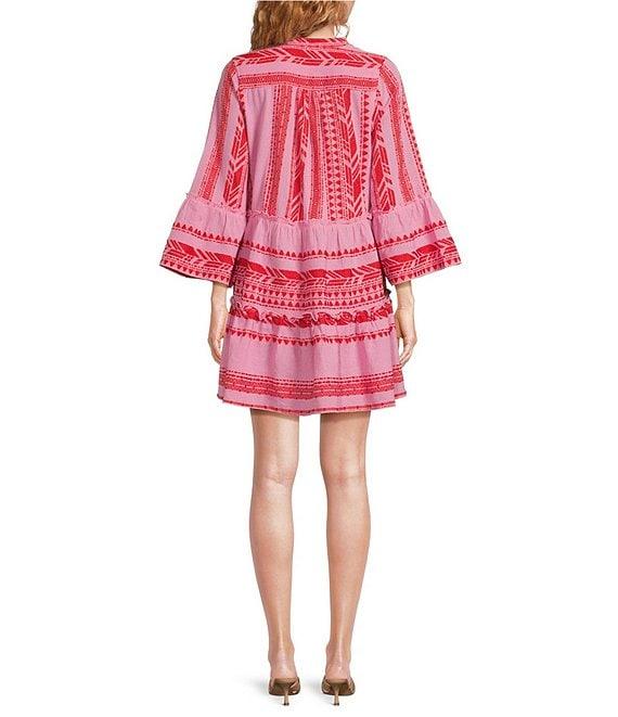 ELAN Arrow Geo Print Split V-Neck 3/4 Bell Sleeve Babydoll Dress Product Image