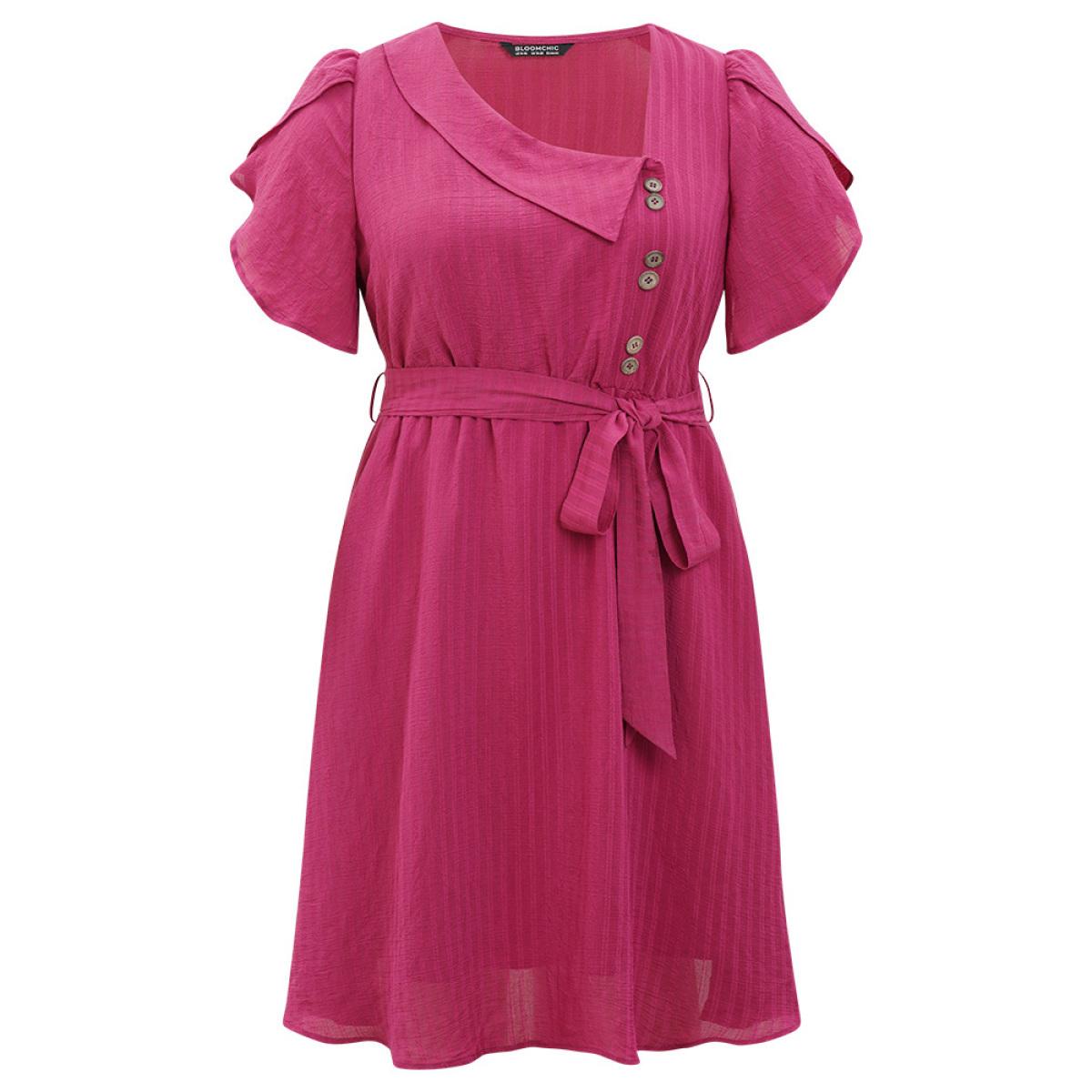 Plus Size Solid Irregular Neck Pocket Button Detail Petal Sleeve Dress RedViolet Women Office Button Asymmetrical Neck Short sleeve Curvy Knee Dress BloomChic 14-16/1X Product Image