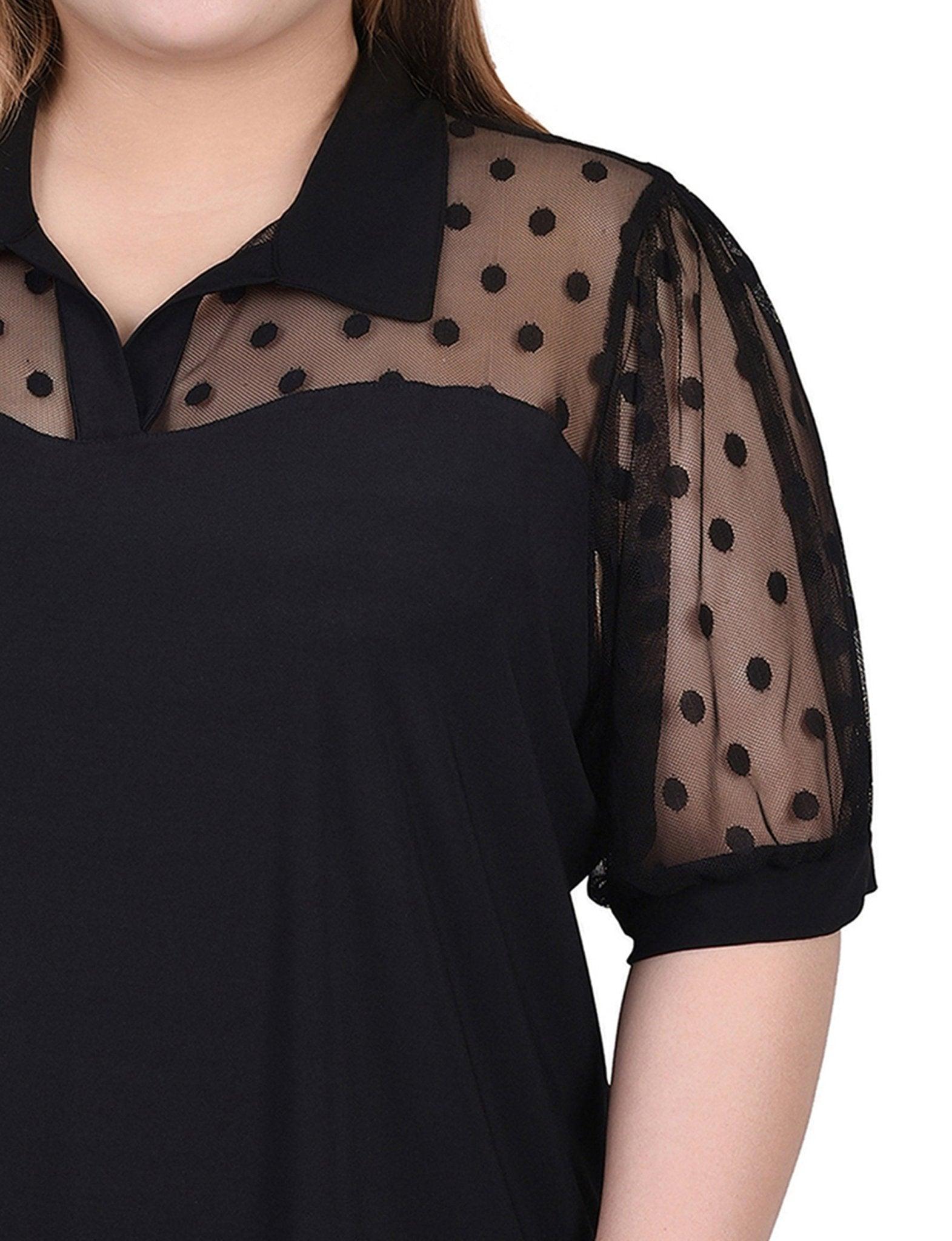 Black Short Sleeve Top With Dotted Mesh - Plus Product Image