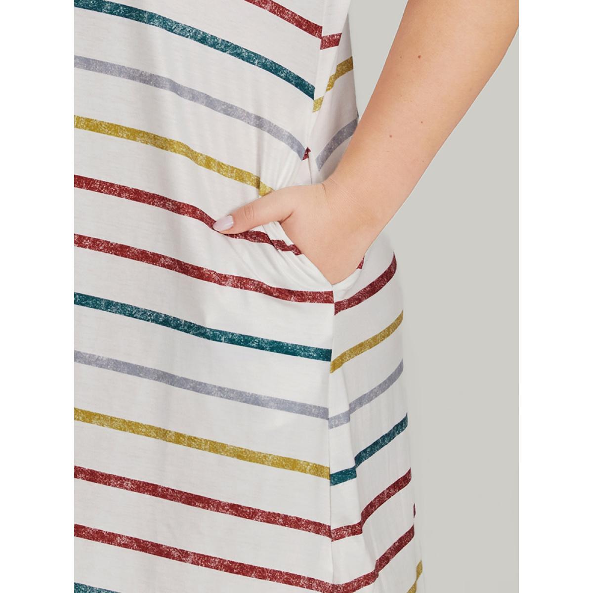 Plus Size Colour Striped Print Pocket Keyhole Arc Hem Dress Multicolor Women Casual Arc Hem Keyhole Cut-Out Short sleeve Curvy Knee Dress BloomChic 10/M Product Image