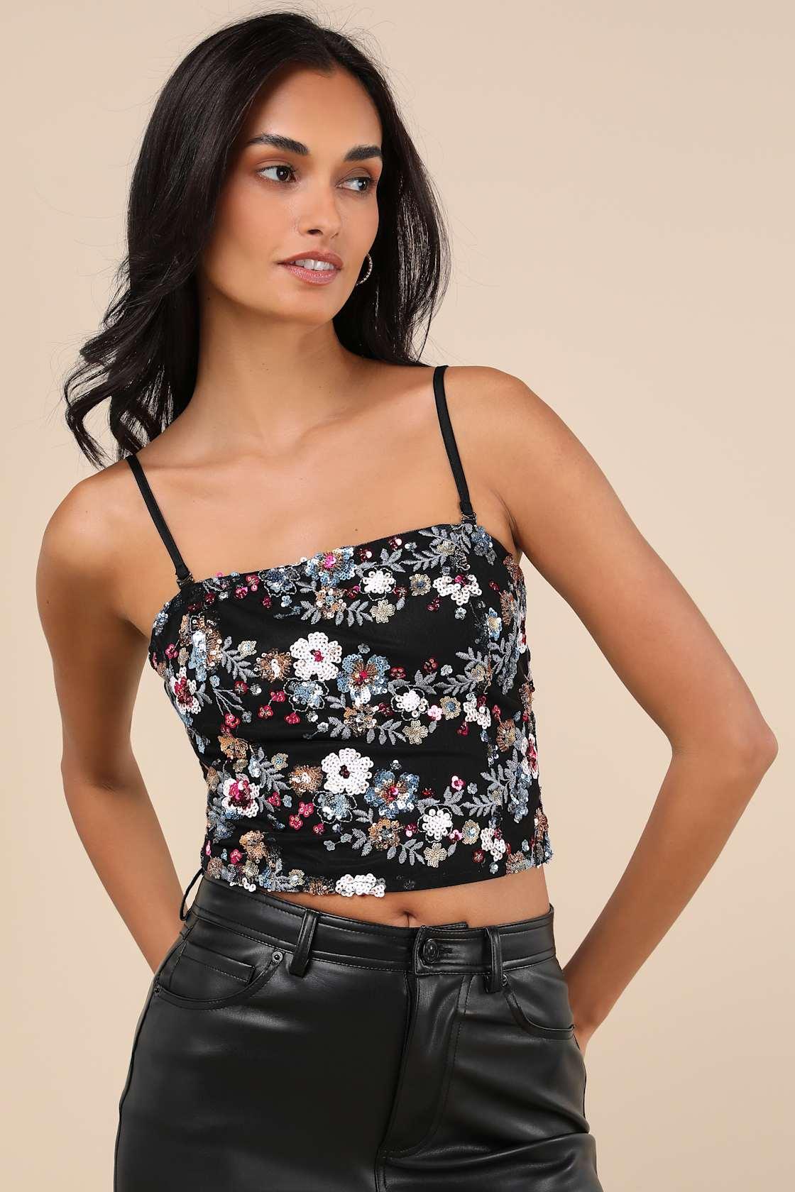 Noteworthy Glitter Black Multi Sequin Crop Top Product Image