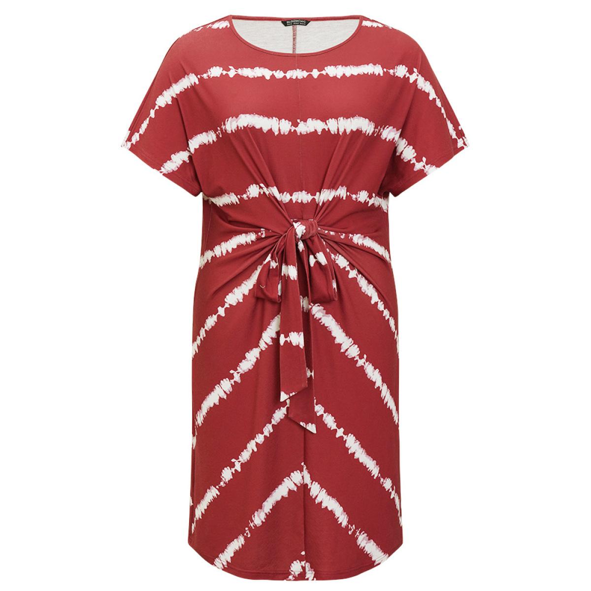 Plus Size Striped Print Batwing Sleeve Knot Front Tie Dye Dress Burgundy Women Casual Cross straps Round Neck Short sleeve Curvy Knee Dress BloomChic 28/5X Product Image
