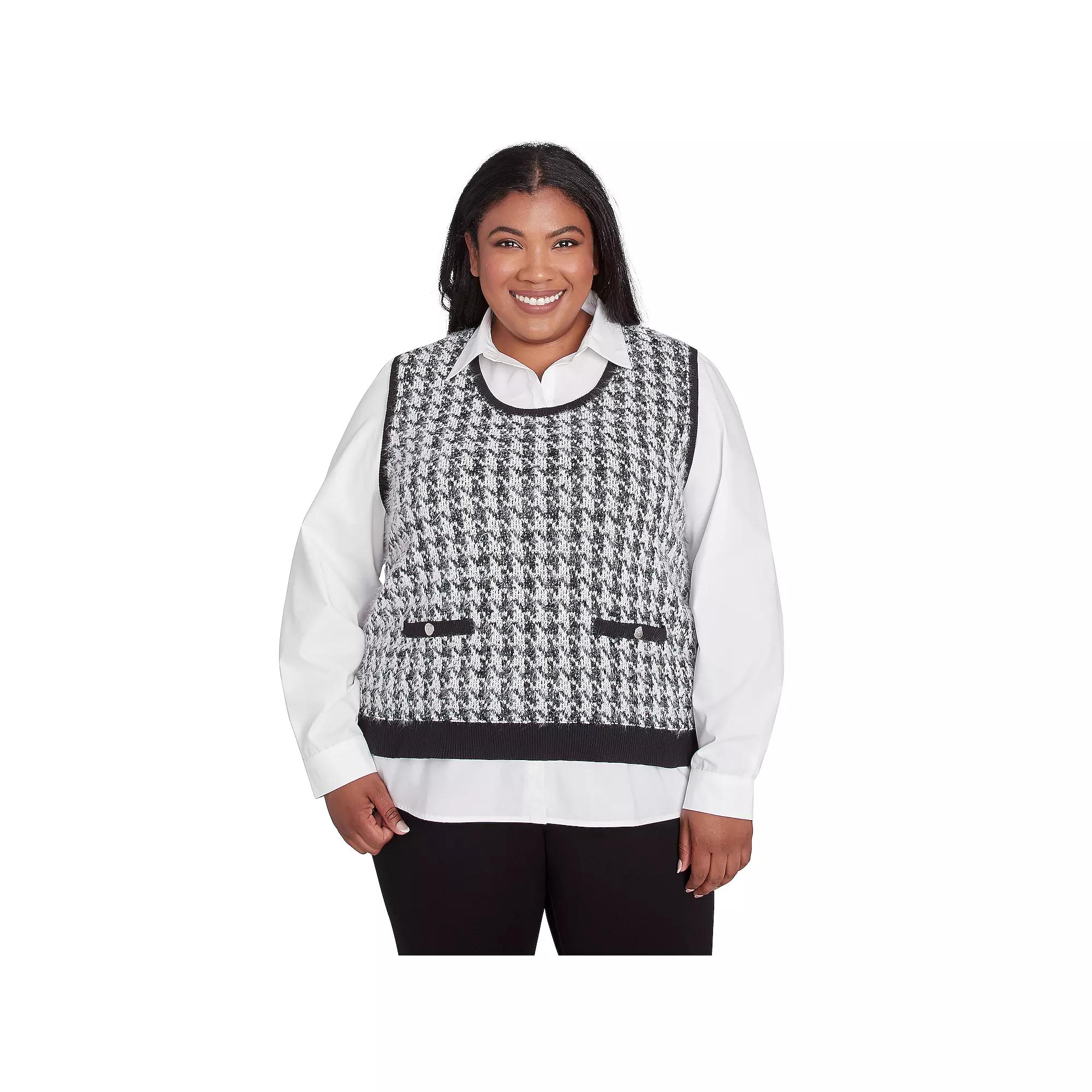 Plus Size Alfred Dunner Collared Houndstooth Vest Twofer, Women's, Size: 1XL, Multi Black Product Image