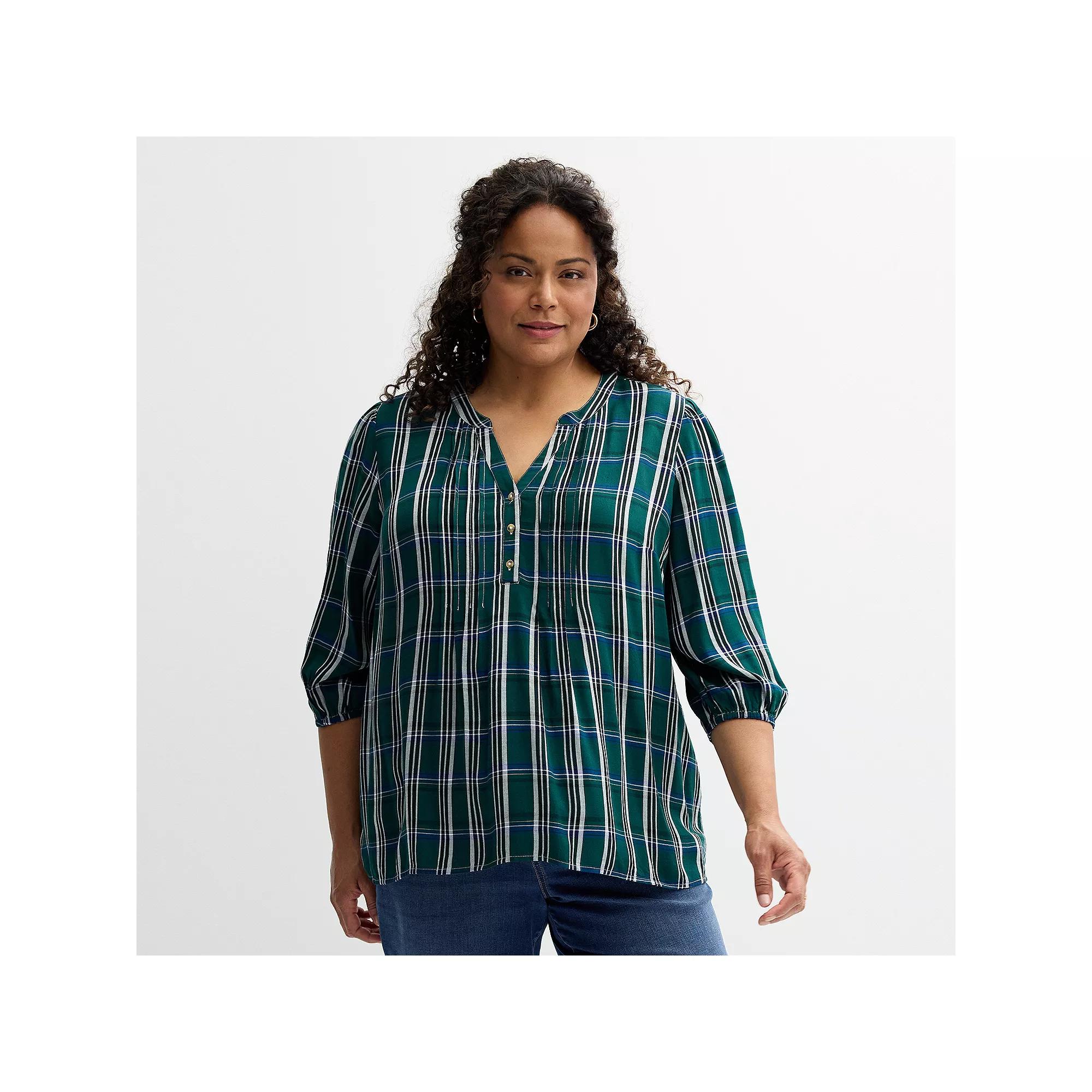 Plus Size Croft & Barrow® Plaid Pintuck Top, Women's, Size: 1XL, Festive Pink Plaid Product Image