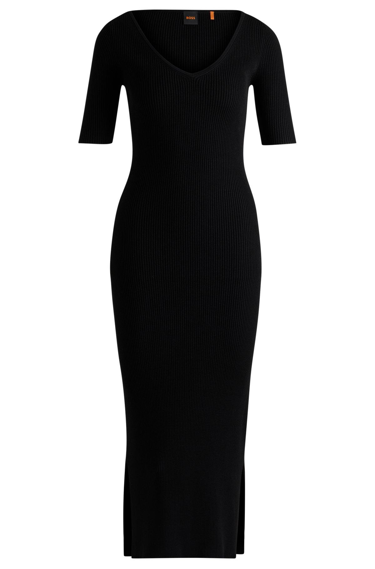 Knitted dress with V neckline in stretch yarns Product Image
