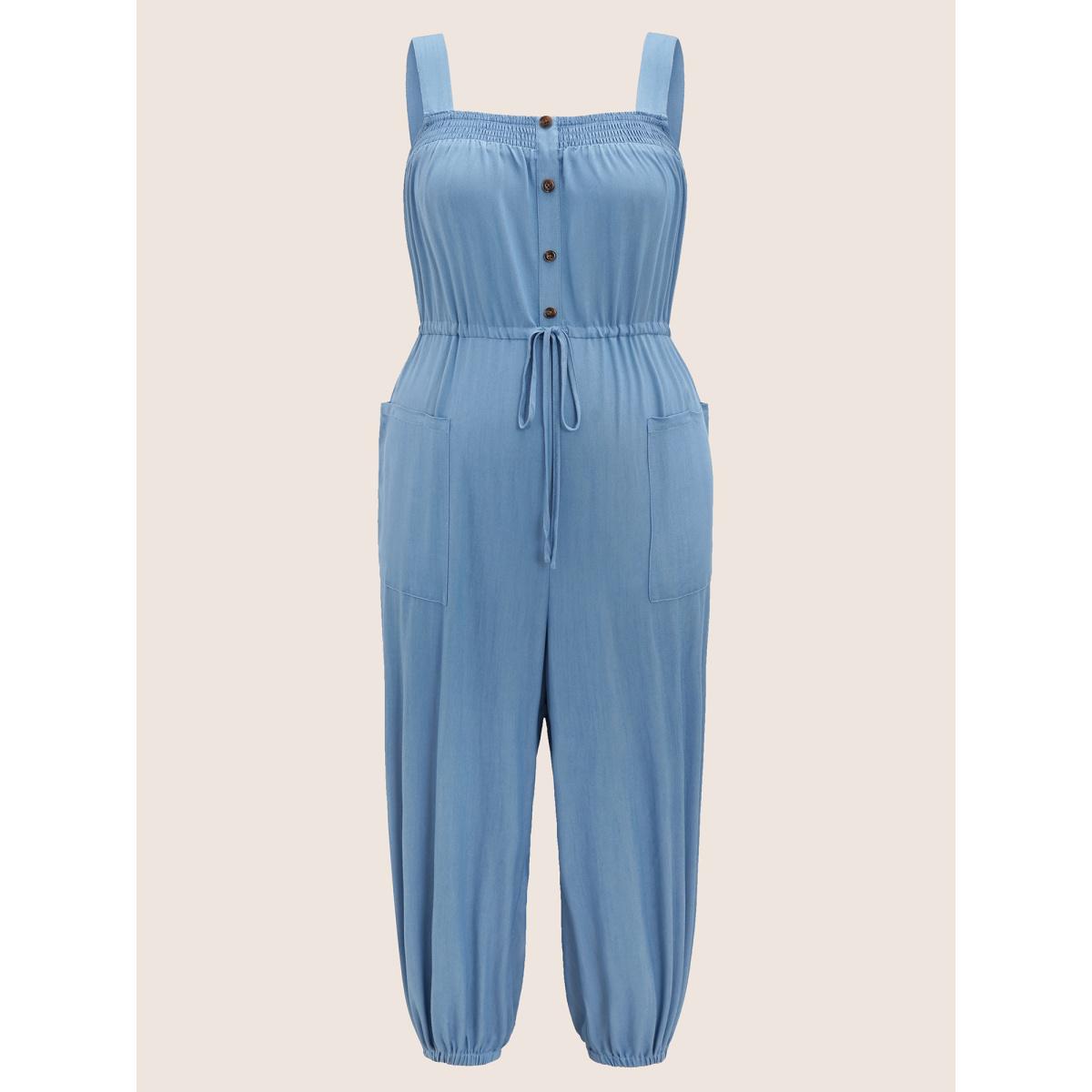 Plus Size Denimblue Solid Shirred Button Detail Drawstring Jumpsuit Women Casual Sleeveless Square Neck Everyday Loose Jumpsuits BloomChic 18-20/2X Product Image