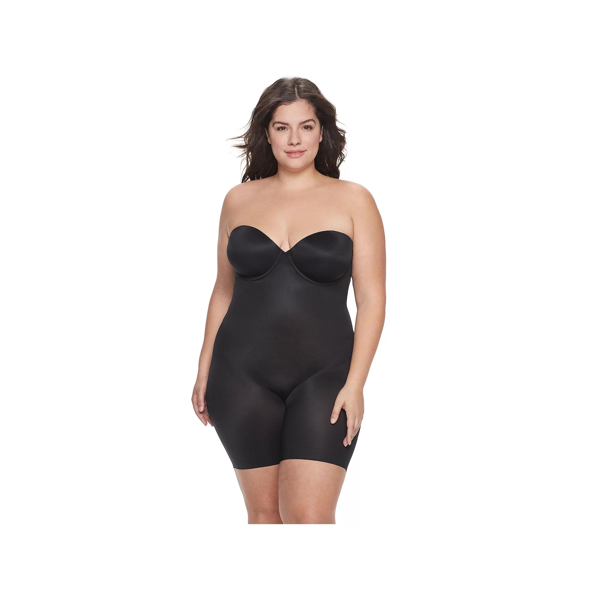 Plus Size RED HOT by SPANX® Women's Moderate Control Shapewear Flawless Finish Strapless Cupped Mid-Thigh Bodysuit 10173R, Size: 2XL, Very Black Product Image