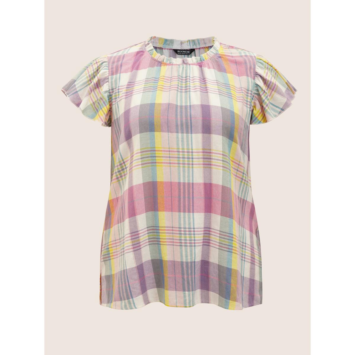 Plus Size Multicolor Crew Neck Colored Plaid Split Hem Blouse Women Casual Cap Sleeve Round Neck Everyday Blouses BloomChic 22-24/3X Product Image