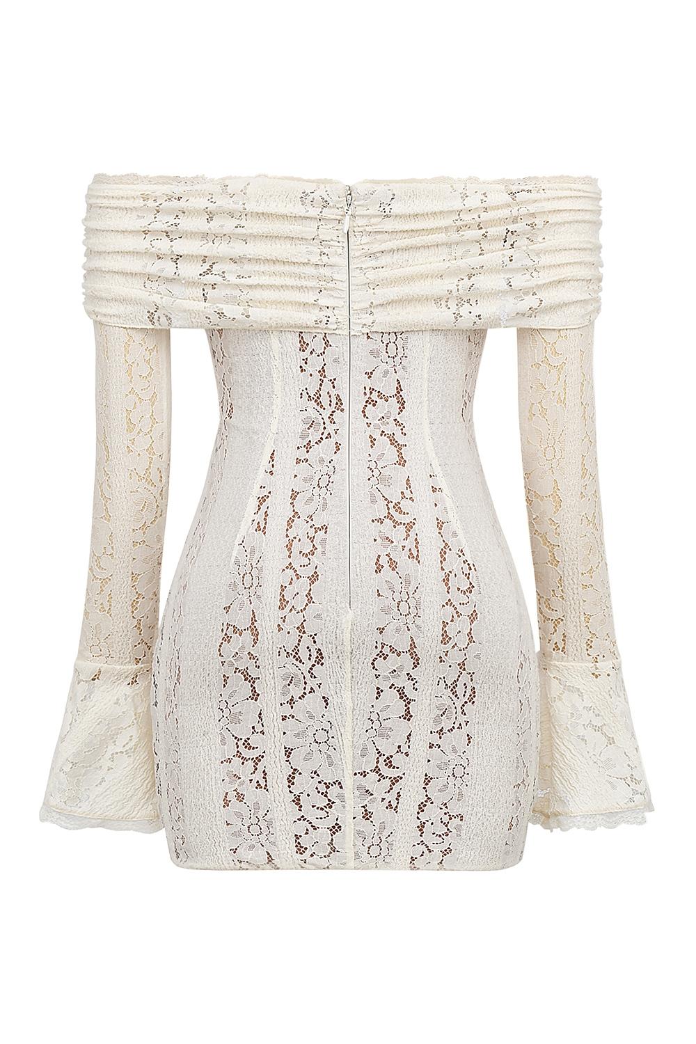 Sadie  vintage cream floral lace off shoulder mini dress Product Image