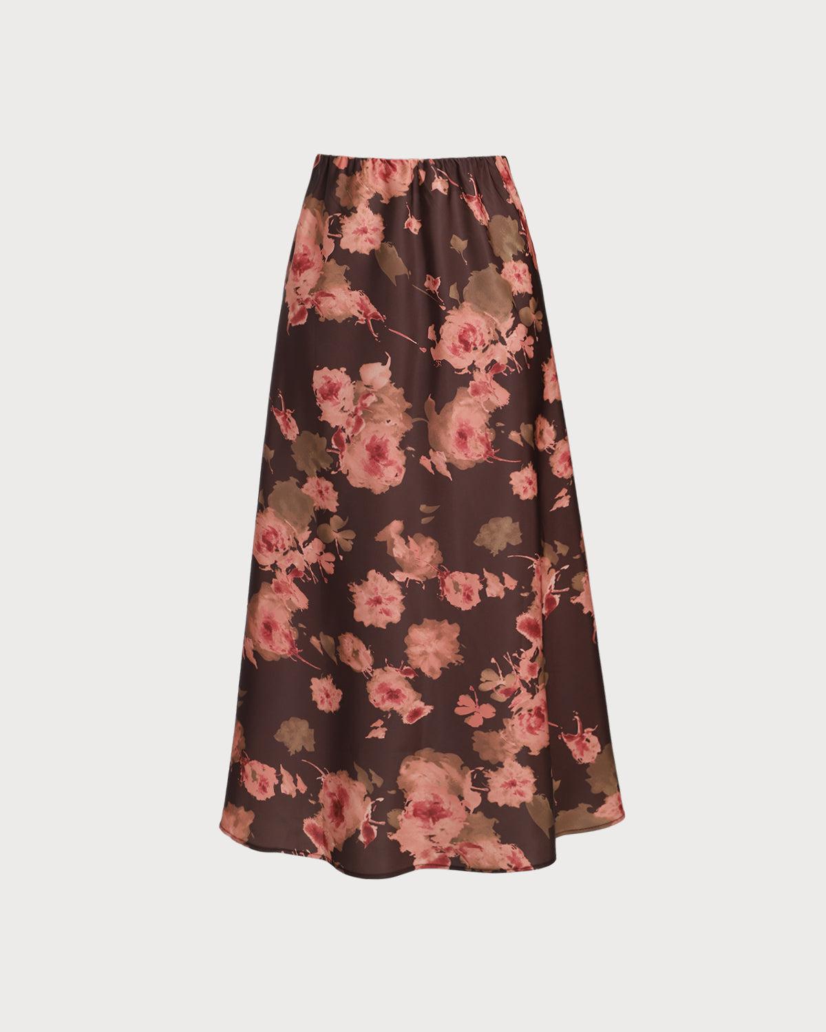 Brown Floral Straight Midi Skirt Product Image