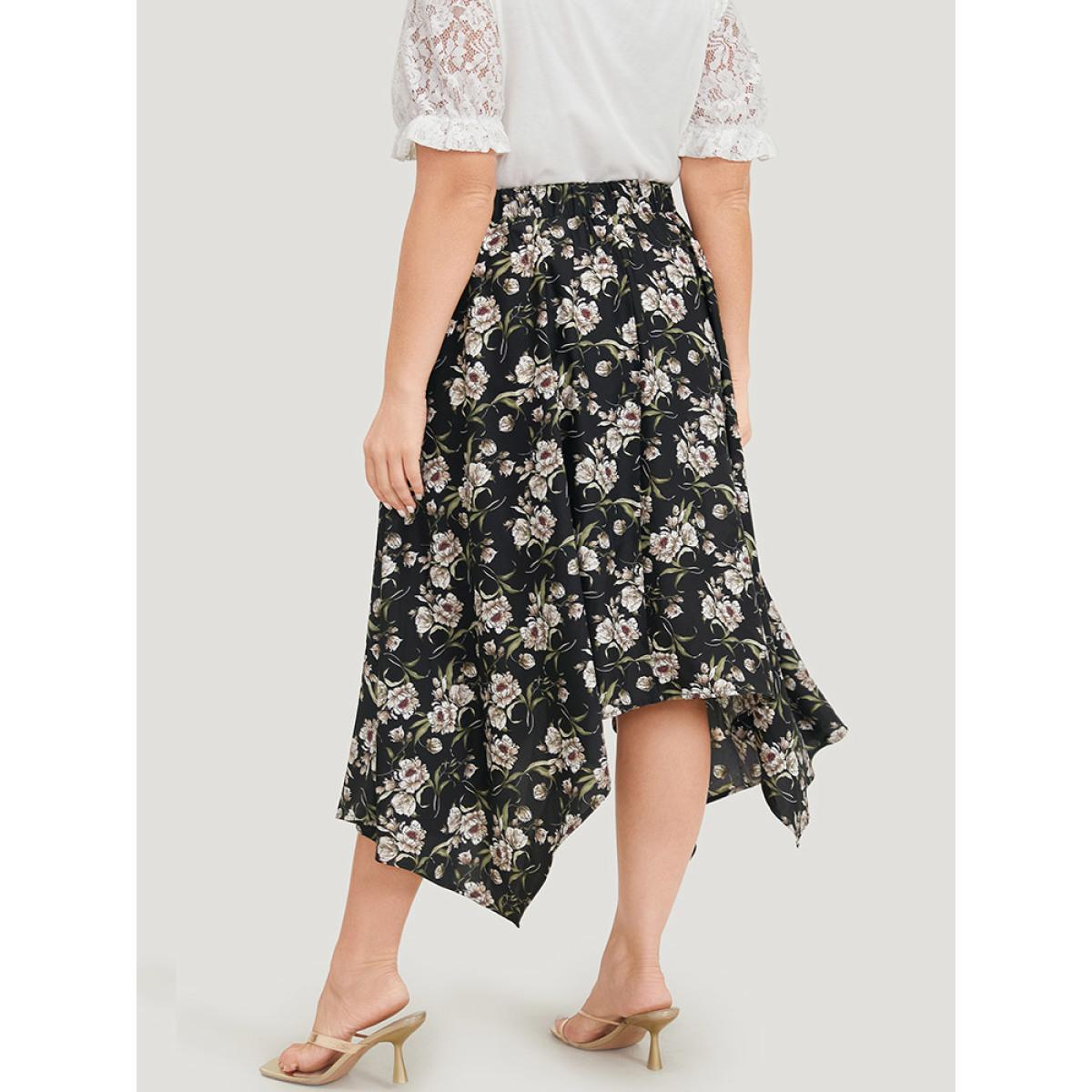 Plus Size Floral Print Pocket Elastic Waist Hanky Hem Skirt Women BlackFlower Elegant Printed No stretch Dailywear Skirts BloomChic 26/4X Product Image