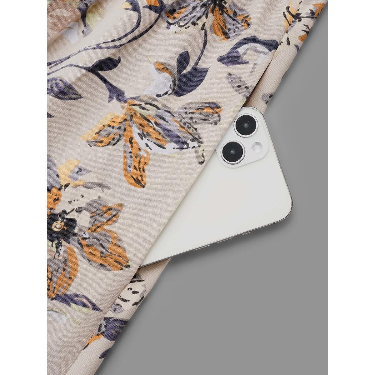 Plus Size Floral Stretchy Waist-Cinched Pocket Dress Tan Women Elegant Non Round Neck Long Sleeve Curvy BloomChic 30/6X Product Image