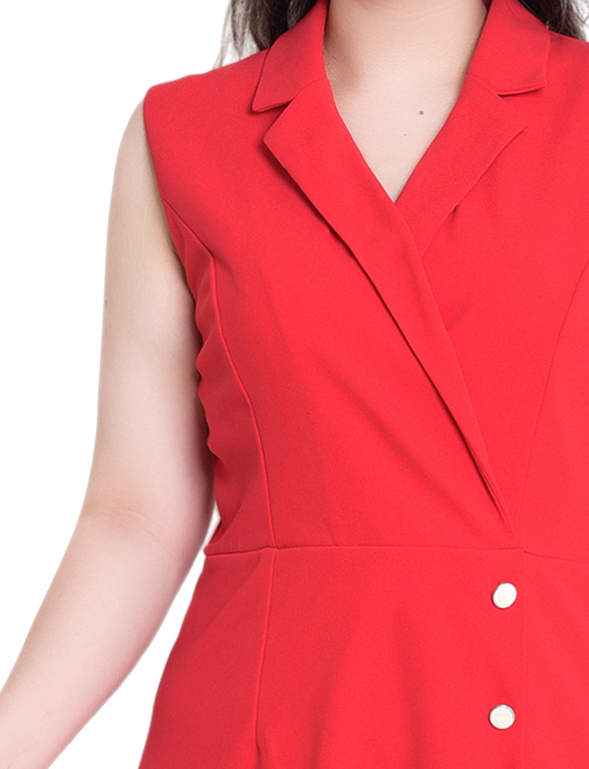 Fire Red Sleeveless Suit With Pleated Skirt Product Image