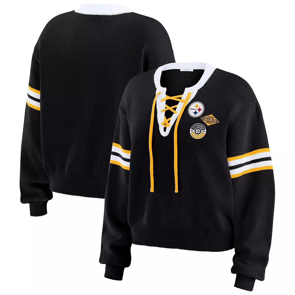 Women's WEAR by Erin Andrews Black Boston Bruins Cropped Lace-Up Sweater,  Product Image