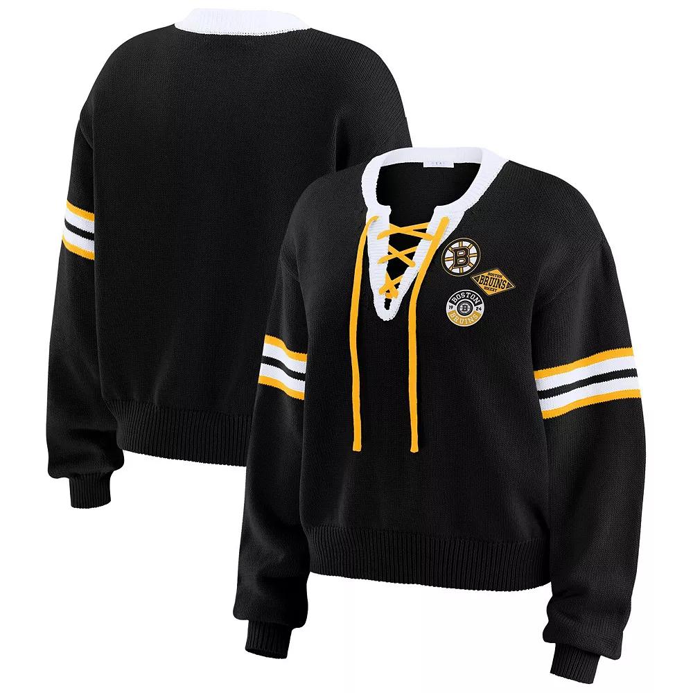 Women's WEAR by Erin Andrews Black Boston Bruins Cropped Lace-Up Sweater,  Product Image