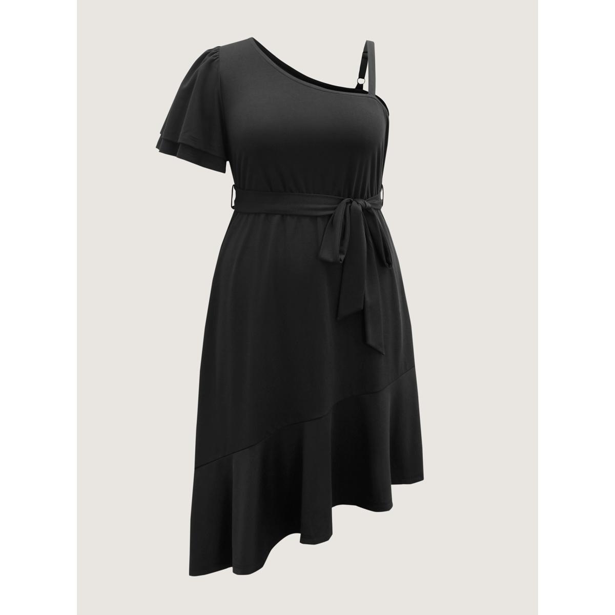 Plus Size One-Shoulder Ruffled Belted Midi Dress Black Women Asymmetrical Neck Short sleeve Curvy BloomChic 30/6X Product Image