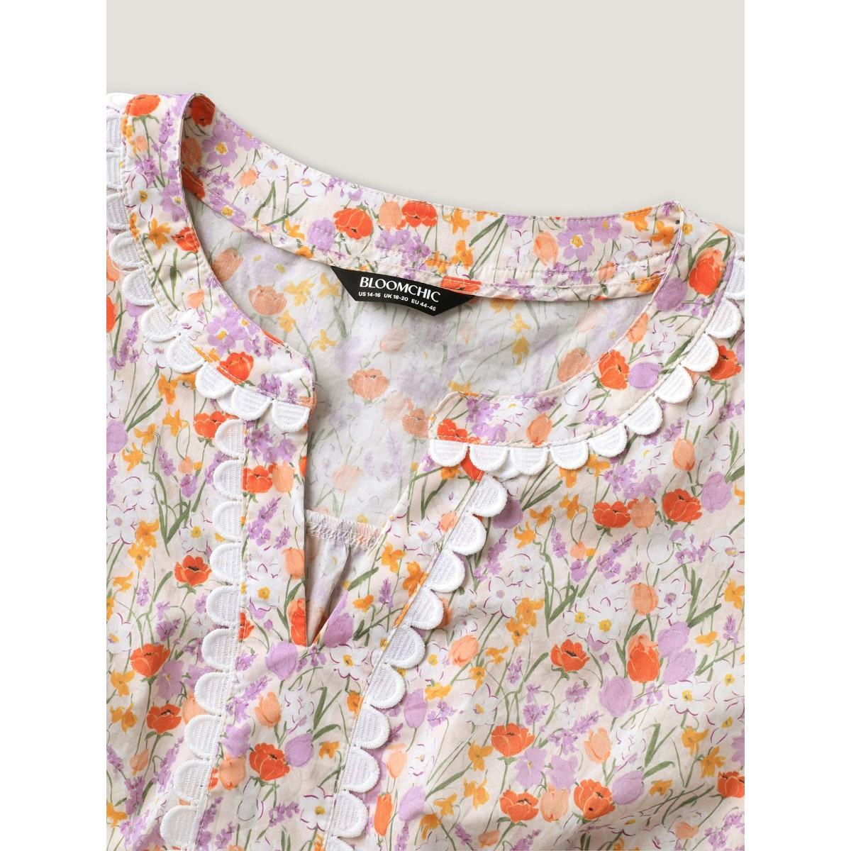 Plus Size Multicolor Cotton Floral Print Lace Trim Notched Blouse Women Cap Sleeve Notched collar Everyday-Casual Blouses BloomChic 10/M Product Image