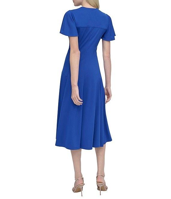 DKNY by Donna Karan Matte Jersey V Neck Short Sleeve Fit and Flare Midi Dress Product Image