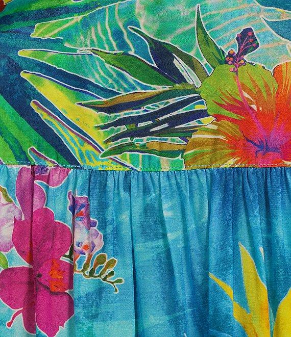 John Mark Plus Size Tropical Floral Print Point Collar Elbow Cinched Tie Sleeve Button Front Tunic Product Image