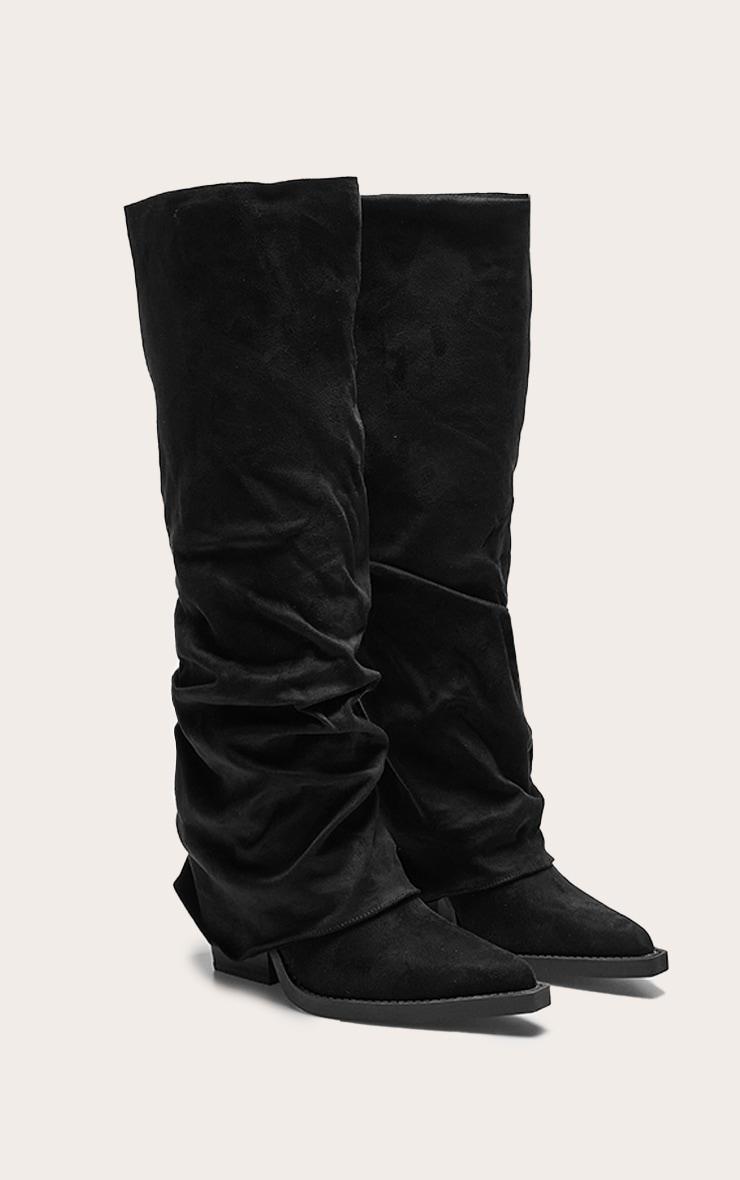 Black Faux Suede Point Toe Fold Over Block Heel Knee High Boots Product Image