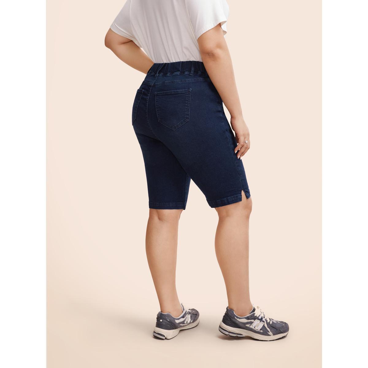 Plus Size High Stretch Elastic Waist Split Side Jeans Women Denimindigo Button High stretch Everyday Slanted pocket Casual Denim Shorts BloomChic 20/2X Product Image