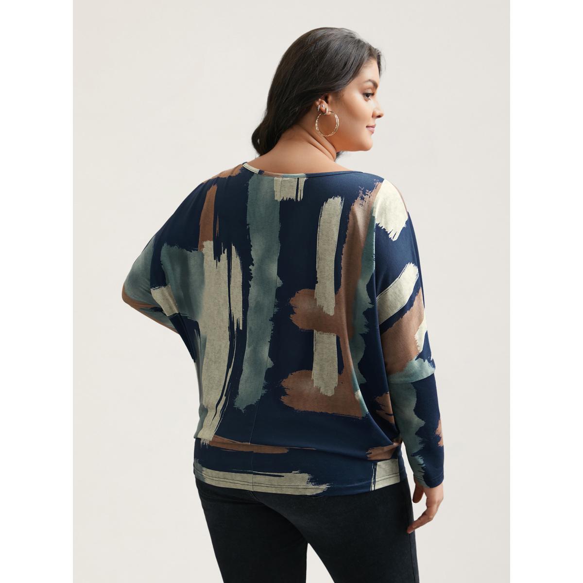 Plus Size Abstract Print Dolman Sleeve T-Shirt Multicolor Women Casual Contrast Boat Neck Everyday T-shirts BloomChic 18-20/2X Product Image