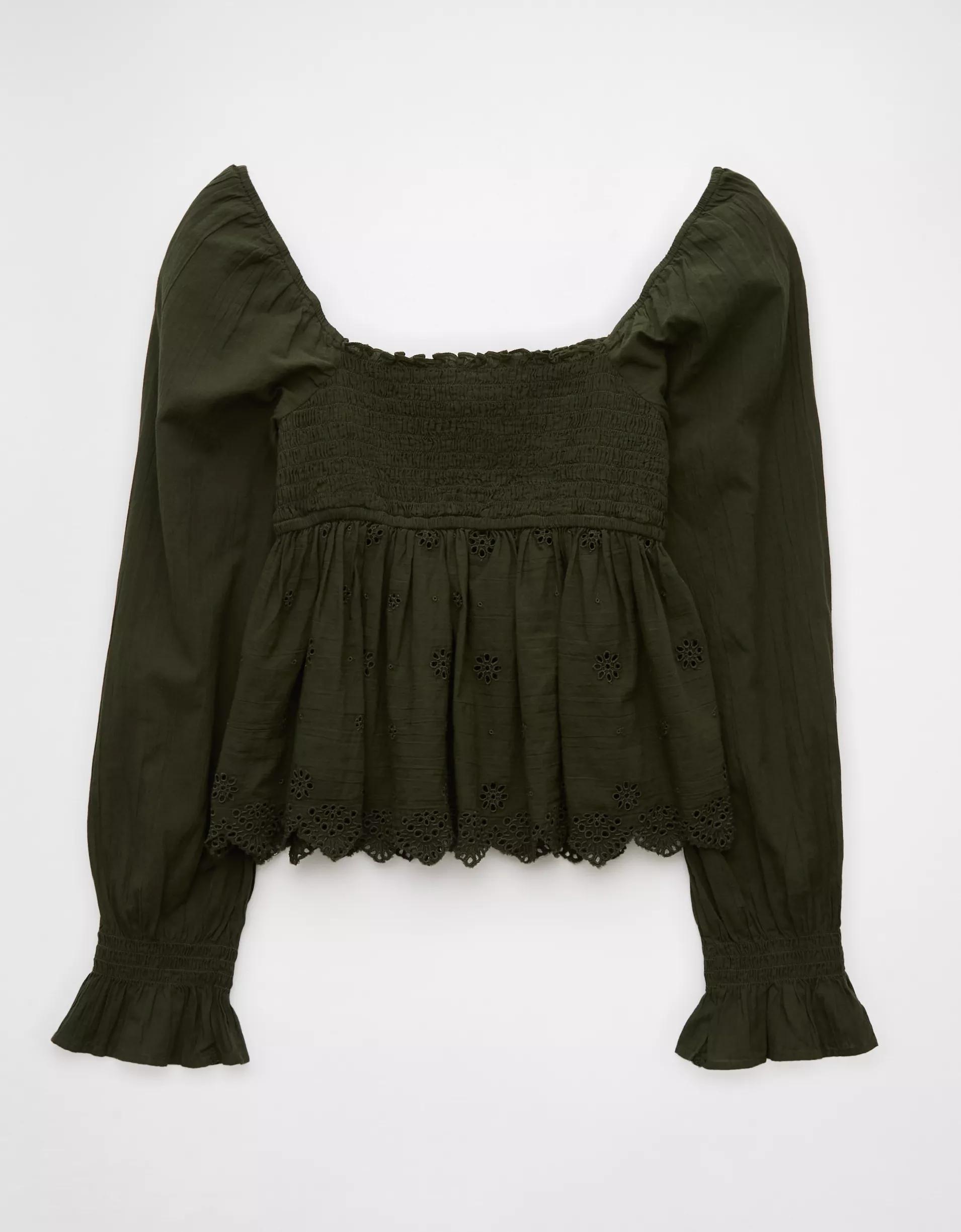 AE Long-Sleeve Smocked Babydoll Blouse Product Image