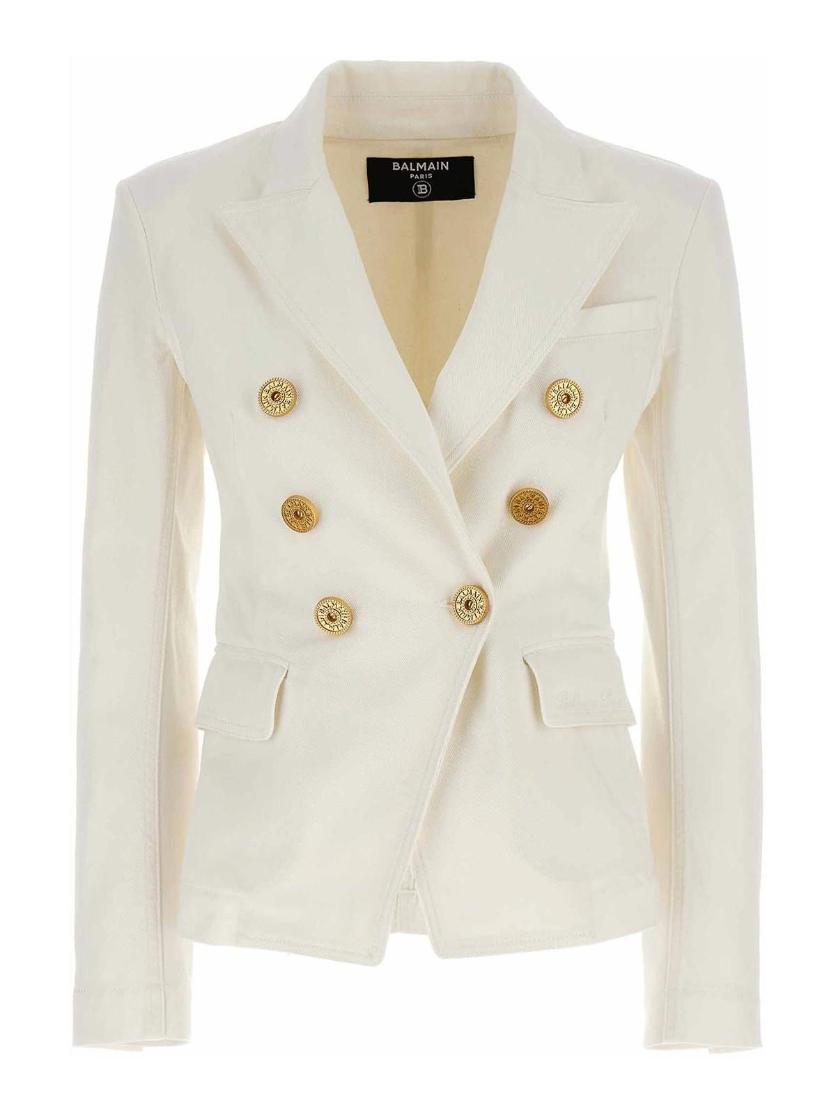 BALMAIN Double-breasted Structured Denim Blazer With Peak Lapel In White Product Image