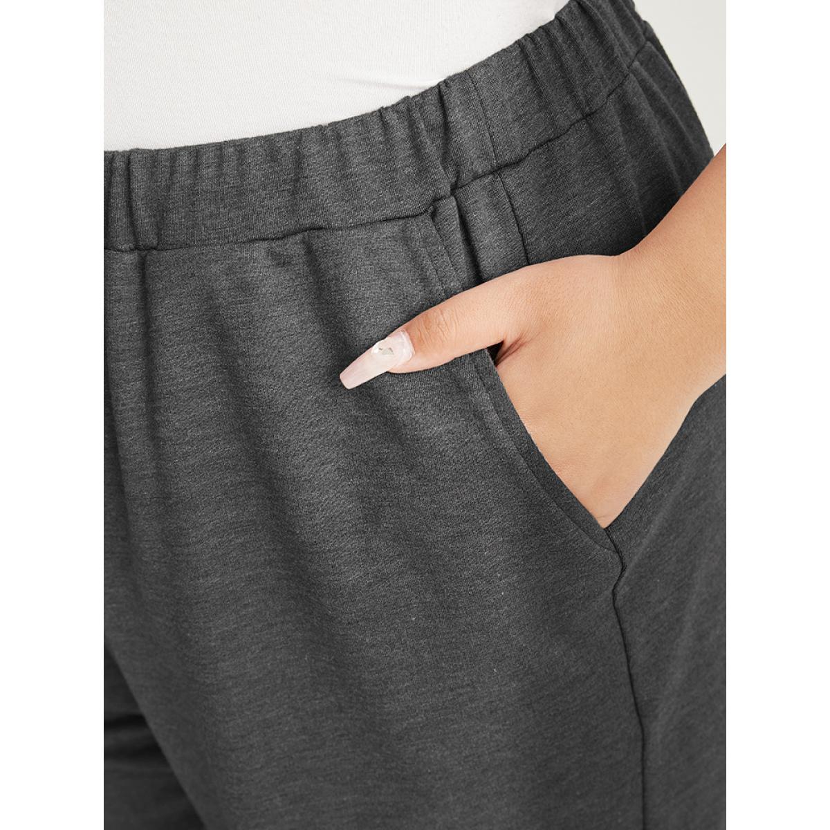 Plus Size Plain Pocket Elastic Waist Ties Front Pants Women Gray Casual Loose High Rise Dailywear Pants BloomChic 12/L Product Image