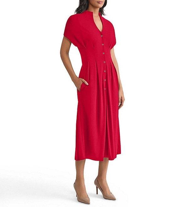 MISOOK Stand Collar V-Neck Short Dolman Sleeve Button Front Midi Shirt Dress Product Image