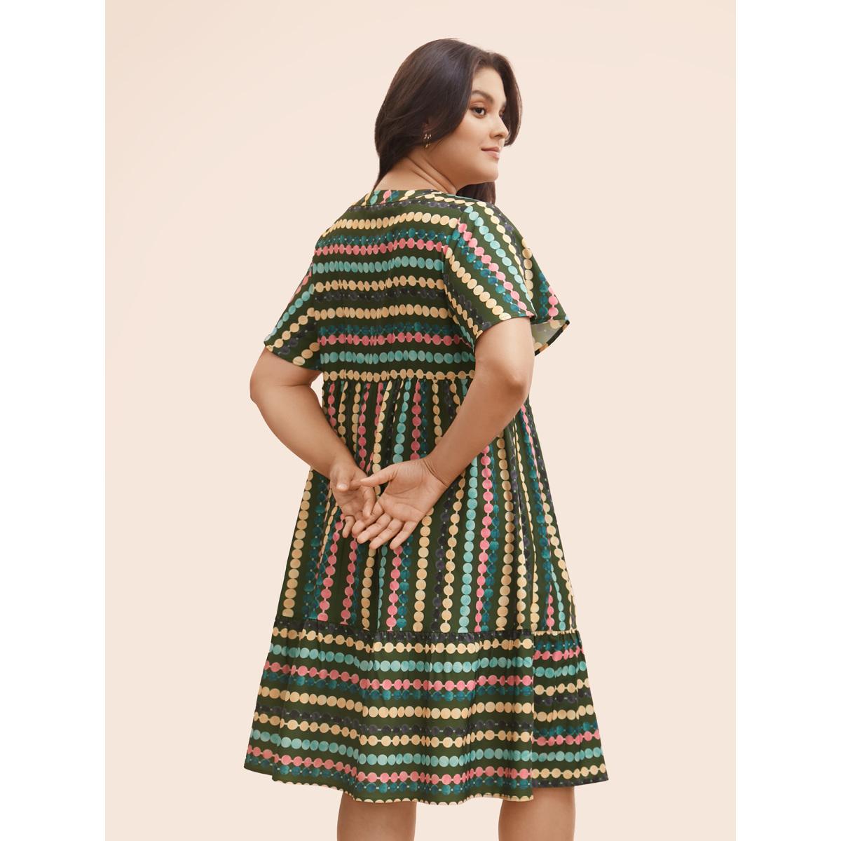 Plus Size Dot Print Elastic Waist Split Neck Midi Dress Moss Women Playful Ruffles Flat collar with V-notch Short sleeve Curvy BloomChic 26/4X Product Image