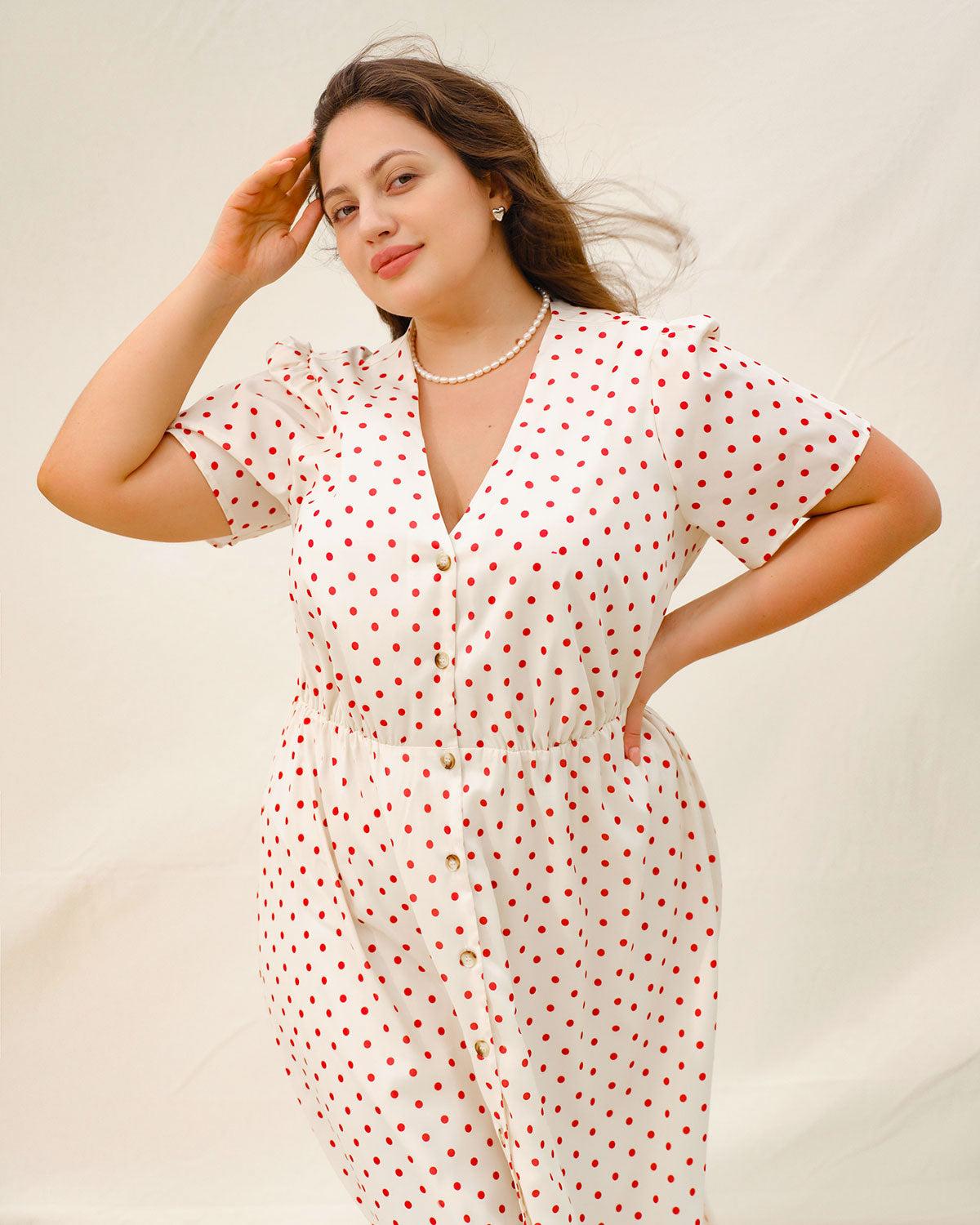 Beige Polka Dot Plus Size Midi Dress Product Image
