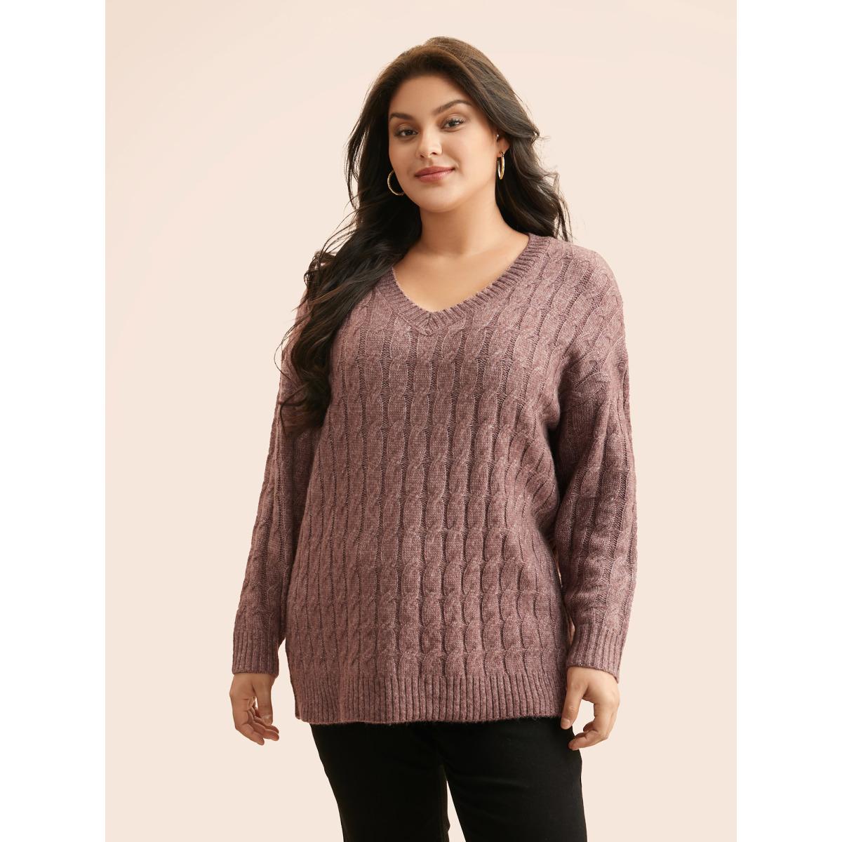 Plus Size Heather Texture Cable Knit Pullover Plum Women Casual Long Sleeve V-neck Everyday Pullovers BloomChic 28/5X Product Image