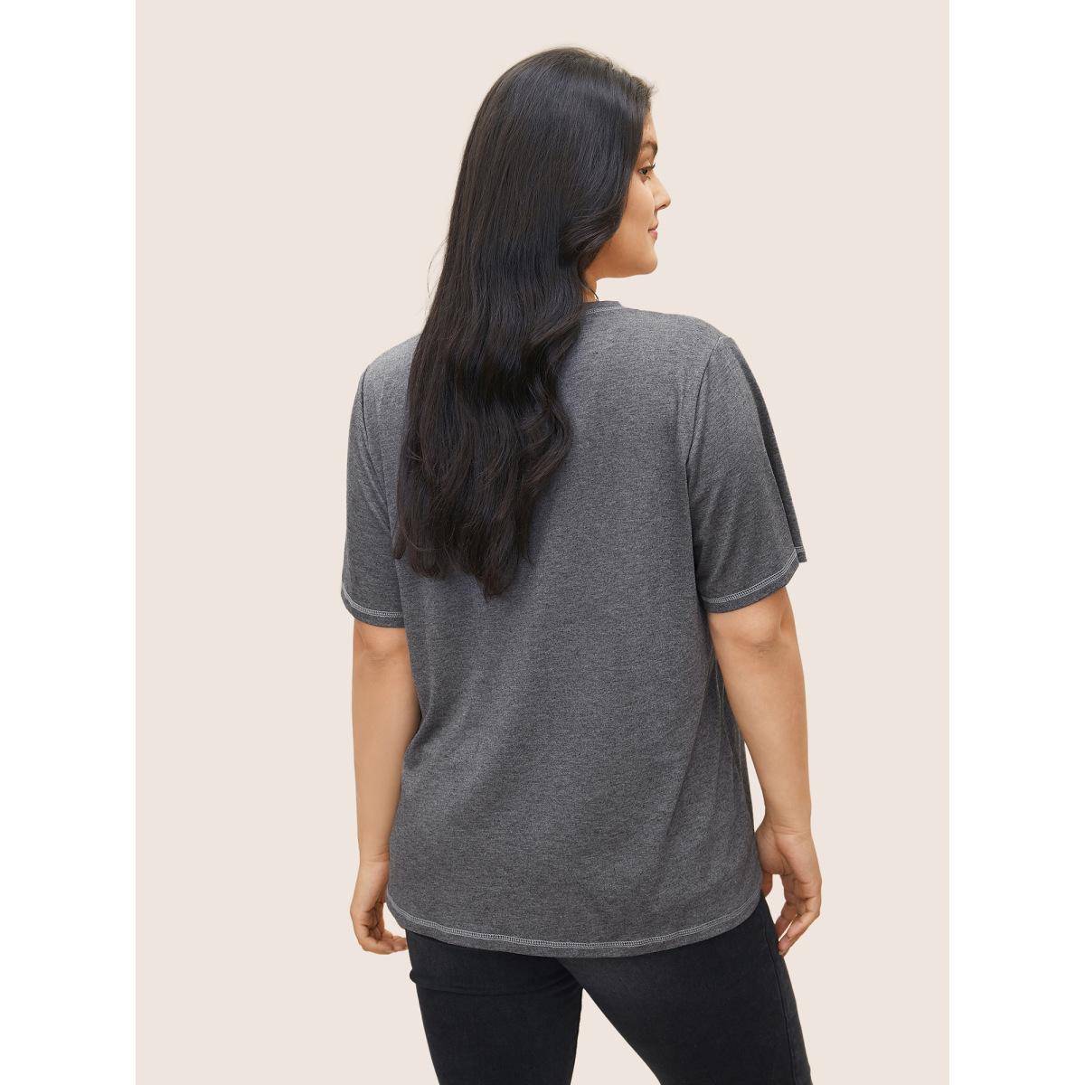 Plus Size Solid Crisscross Neck Contrast Stitch T-shirt Gray Women Leisure Plain V-neck Casual T-shirts BloomChic 10/M Product Image