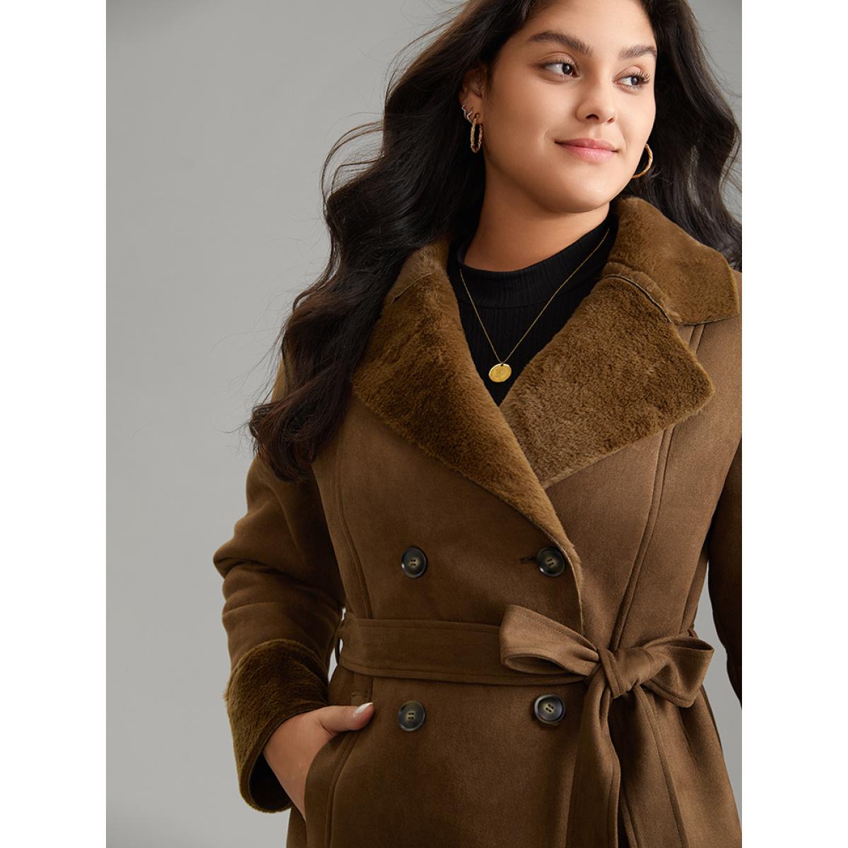 Plus Size Fuzzy Patchwork Double Breasted Belted Jacket Women Bronze Pocket Belt Everyday Jackets BloomChic 14-16/1X Product Image