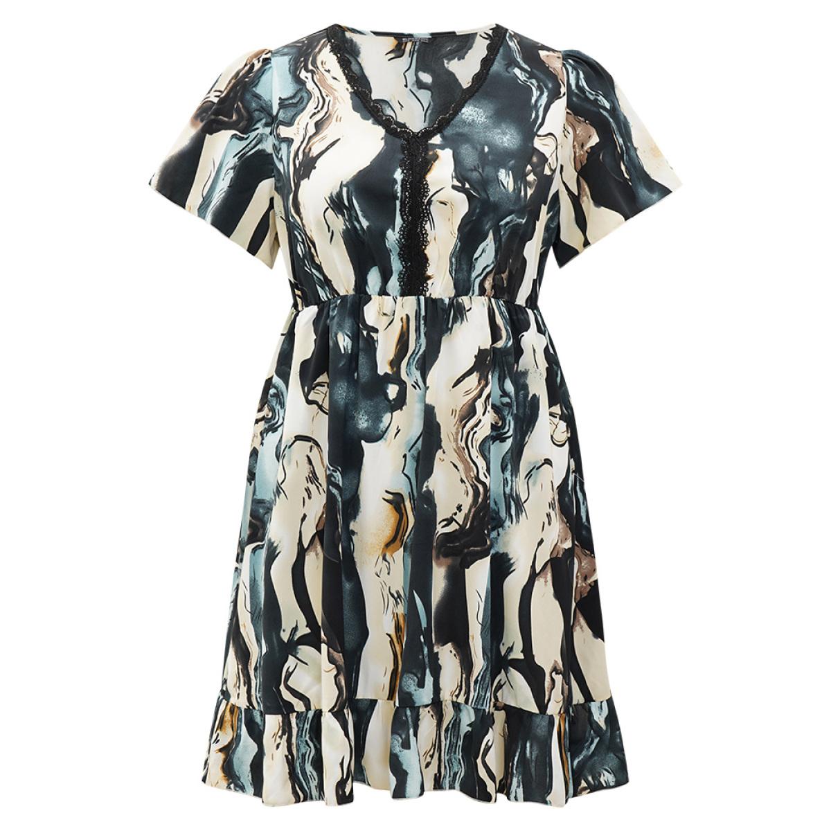 Plus Size Water Ripple Print Ruffles Pocket Guipure Lace Dress Aegean Women Elegant V-neck Short sleeve Curvy Knee Dress BloomChic 18-20/2X Product Image