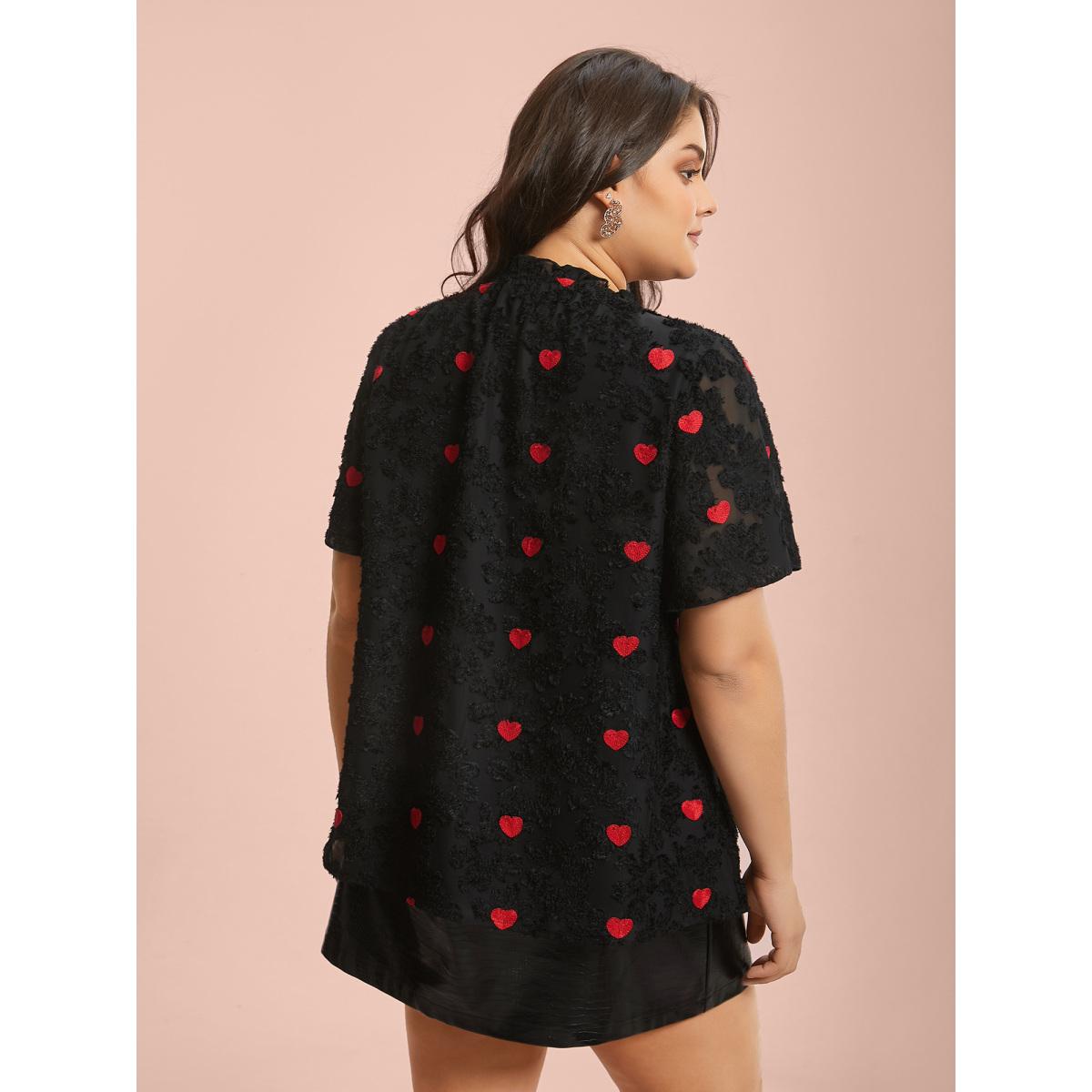 Plus Size Black Heart Jacquard Frill Trim Textured Blouse Women Elegant Short sleeve Mock Neck Everyday Blouses BloomChic 30/6X Product Image