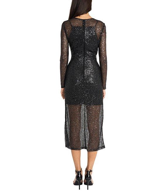 Donna Morgan Alexandra Sheer Knit High Neck Long Sleeve Sheath Dress Product Image