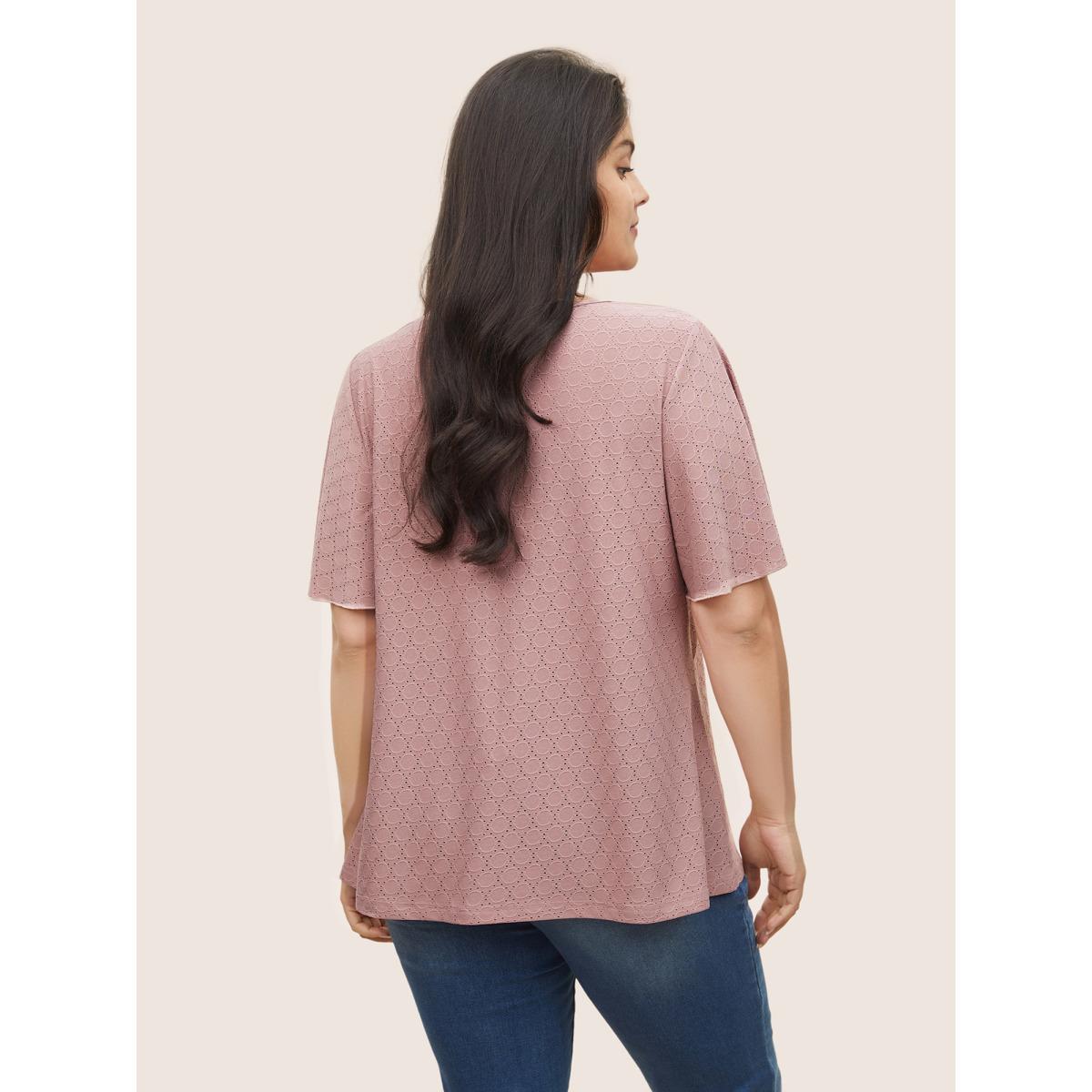 Plus Size Plain Textured Geometric Flutter Sleeve T-shirt Rouge Women Elegant Texture Plain Round Neck Everyday T-shirts BloomChic 18-20/2X Product Image