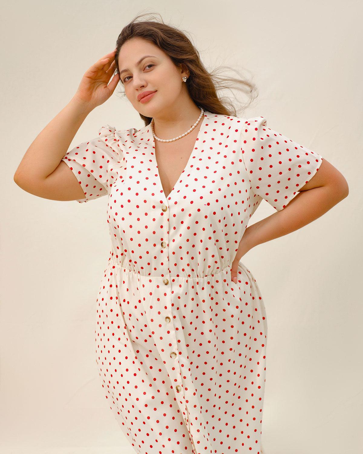 Beige Polka Dot Plus Size Midi Dress Product Image