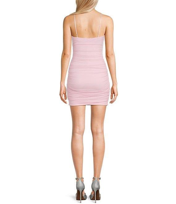 Honey and Rosie Metallic Mesh Drape Neck Shirred Dress Product Image