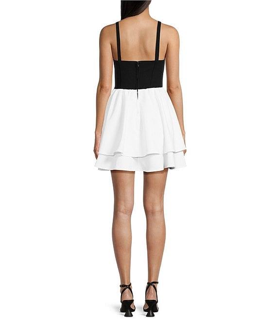 City Vibe Plunge Neck Sleeveless Corset Bodice 2-Tone Layered Dress Product Image